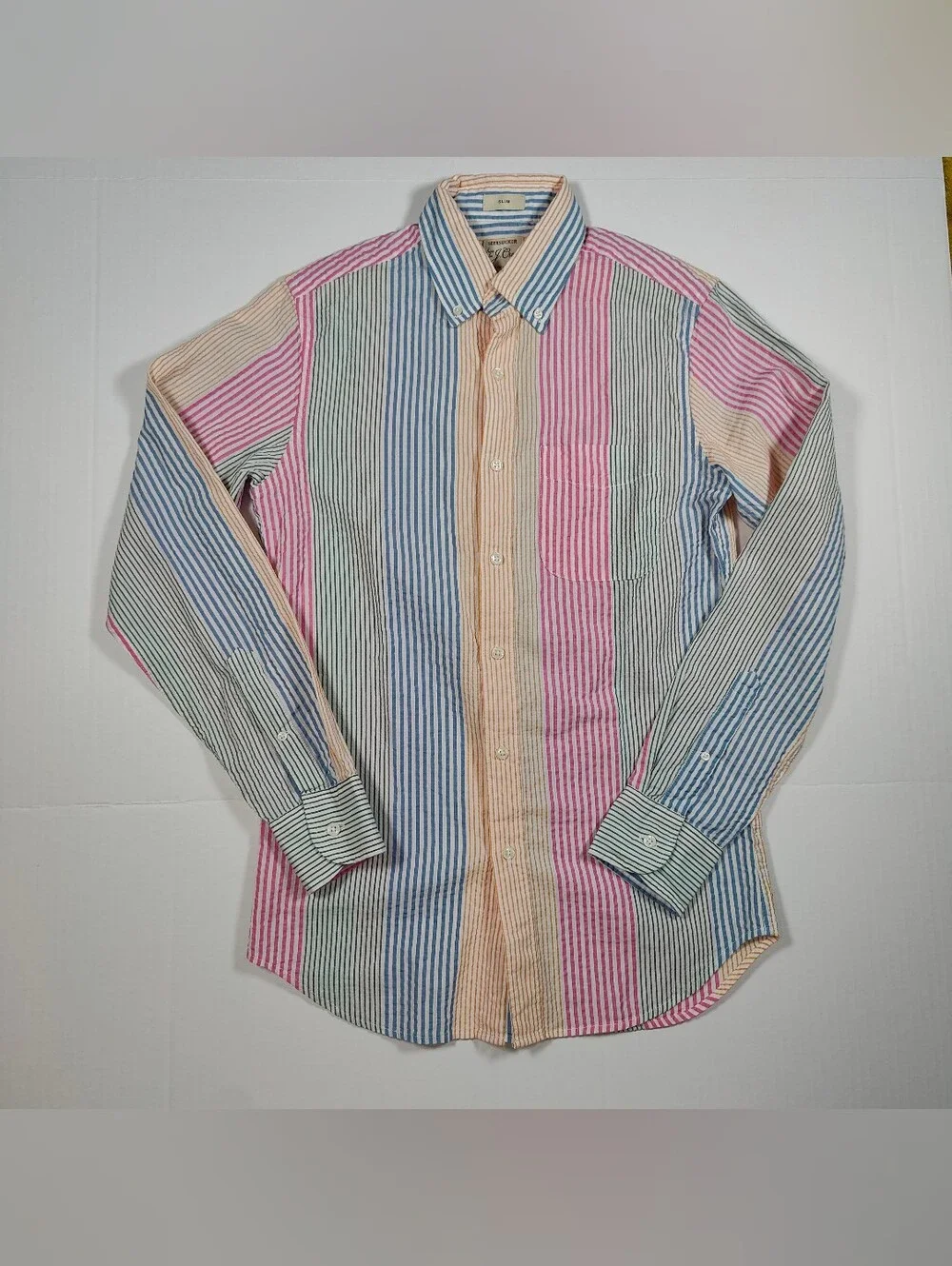 NWT J Crew 100% Cotton Seersucker Rainbow Colorblock Button Down Shirt Size XS
